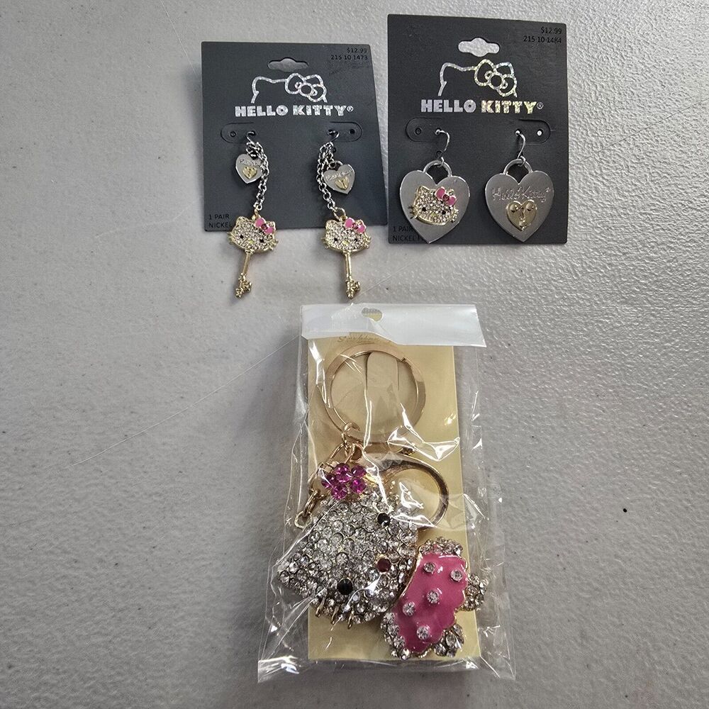 Sanrio Hello Kitty Earrings Key Chain Bundle Silver Tone Pink Bling Nickel Free
